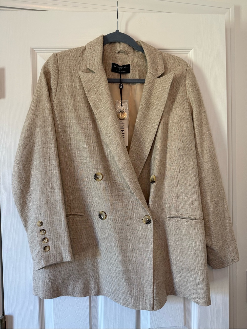 MINKPINK Double-Breasted Neutral Beige Linen-Blend Blazer